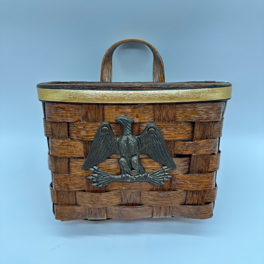 VTG Basketville Putney Vermont Woven Wood Basket w metal Eagle Emblem Americana